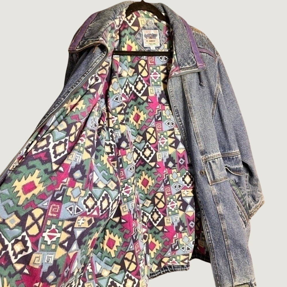 Vintage Southwestern Aztec Print Lining Blue 90s Current Seen Denim Jacket 2X